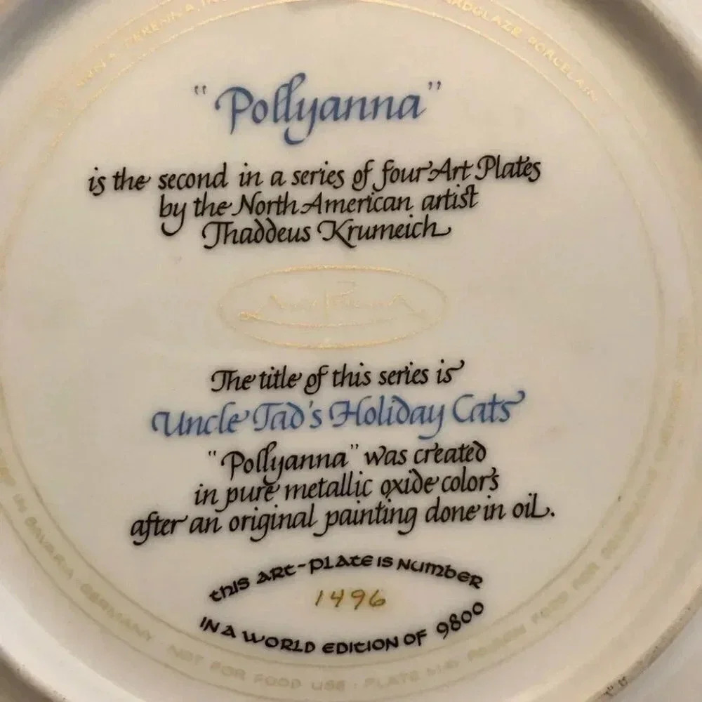 Anna Perenna Uncle Tad's Holiday Cats “Pollyanna” Thaddeus Krumeich Cat Plate - Picture 12 of 14